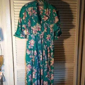Vtg Carol Anderson long teal floral dress front back pleats 3/4 sleeve sz 11-12